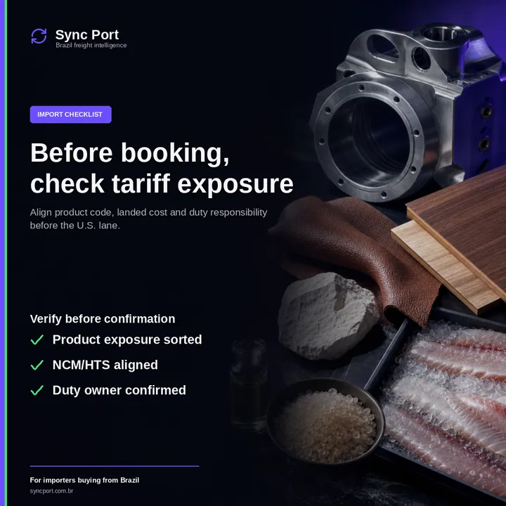 Arte editorial hibrida da Sync Port para Tarifas Brasil-EUA: o checklist do importador antes do booking