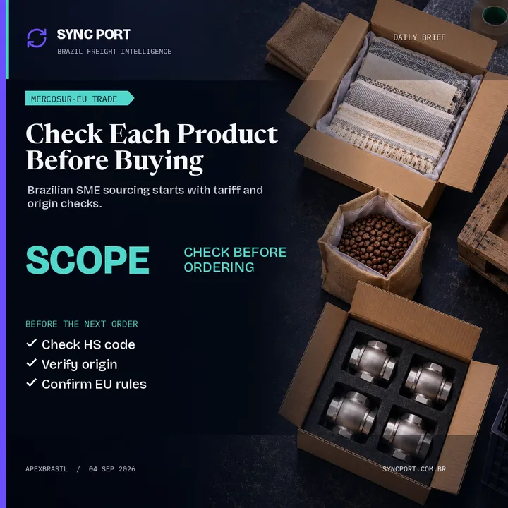 Arte editorial híbrida da Sync Port para Mercosul-UE: o que conferir ao comprar de PMEs brasileiras